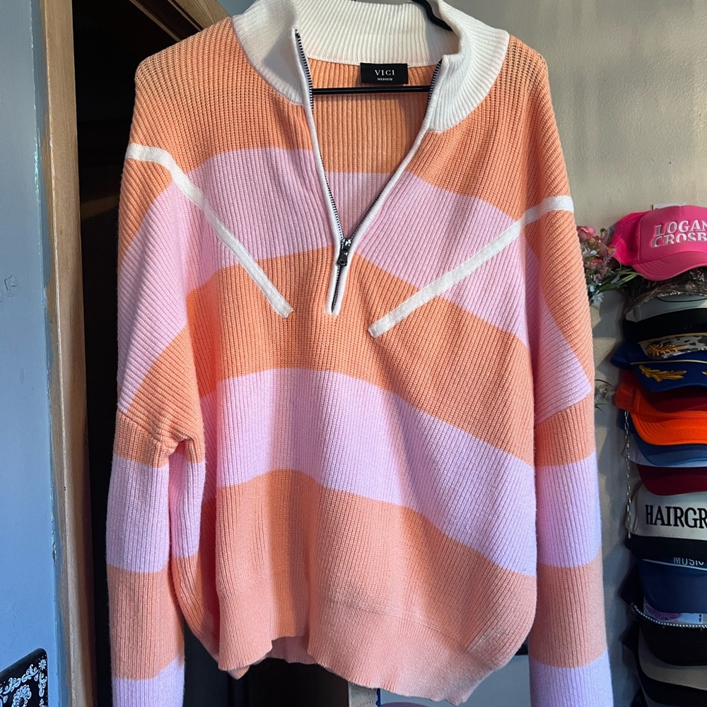 Vici Orange and White Half-Zip Sweater